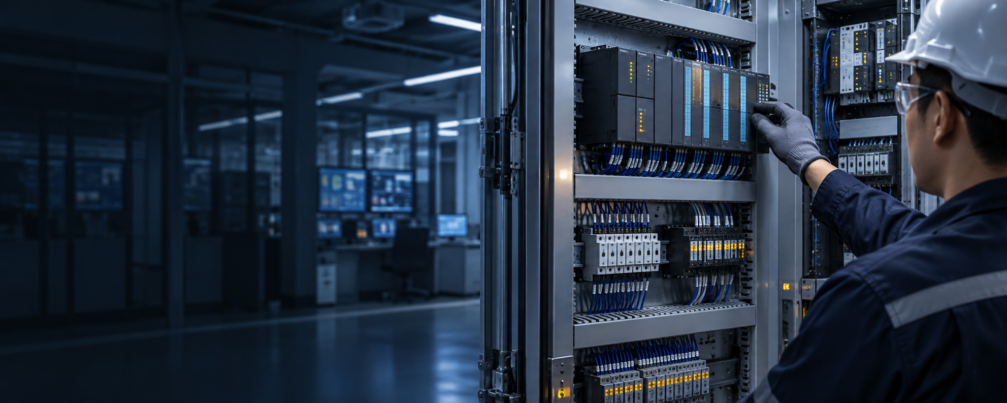 Engineer commissioning a modern industrial automation control panel